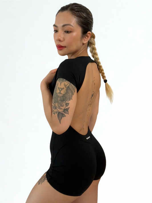Open Back Jumpsuit Short - Black